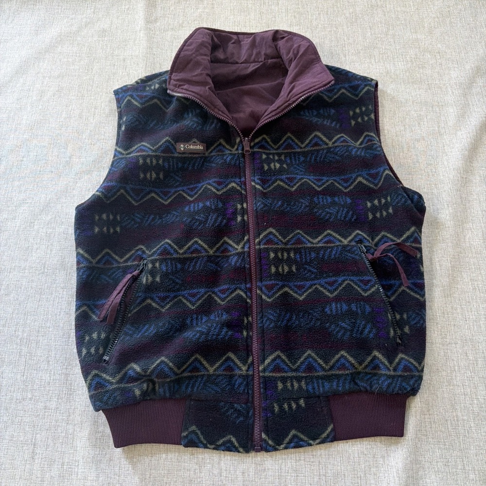 VTG Columbia Mens Full Zip Reversible Vest Mens Medium Fleece 90s Aztec Gorpcore